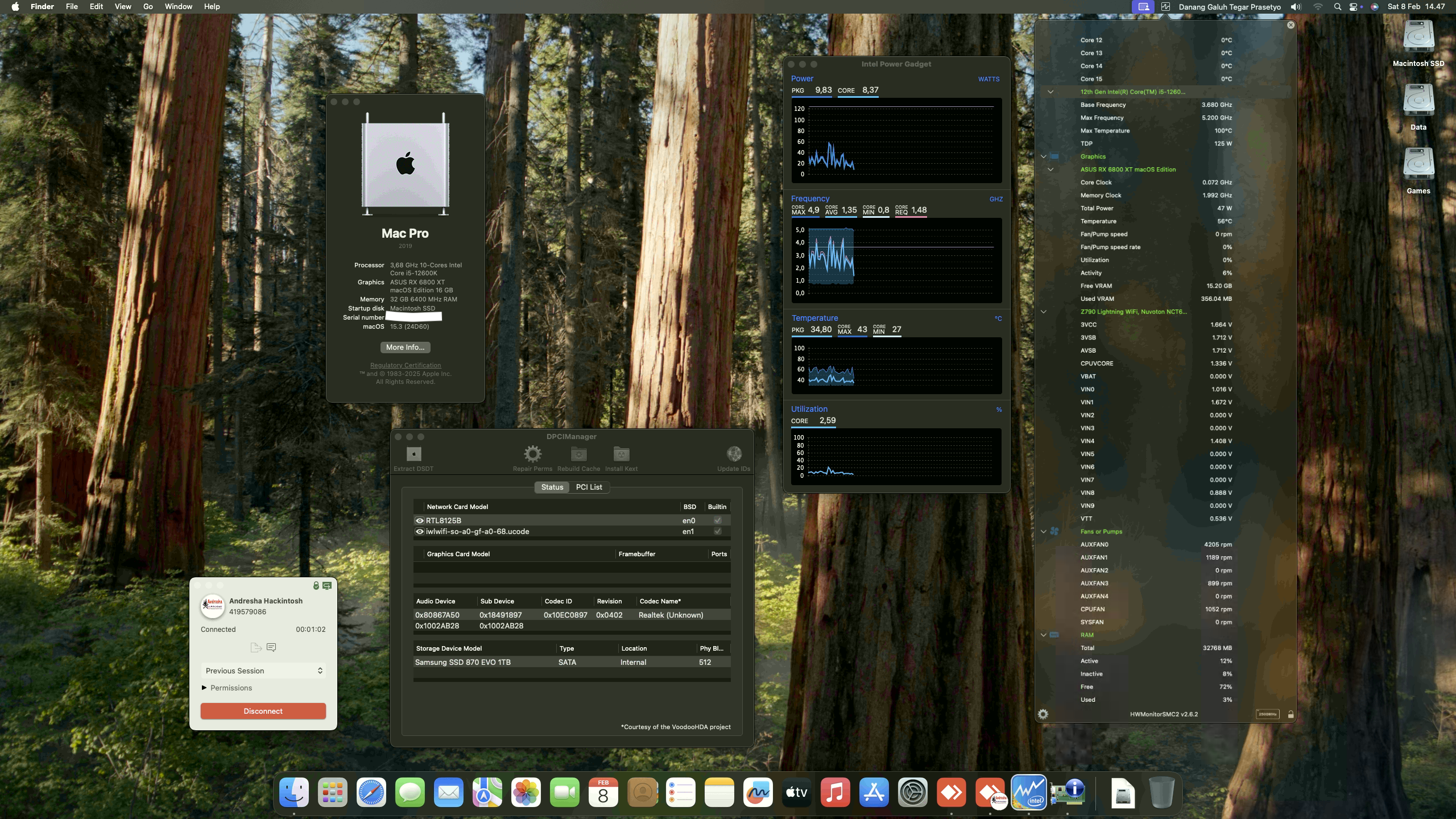 Success Hackintosh macOS Sequoia 15.3 Build 24D60 in ASRock Phantom Gaming Z790 Lightning Wifi + Intel Core i5 12600K + Asus RX 6800 XT
